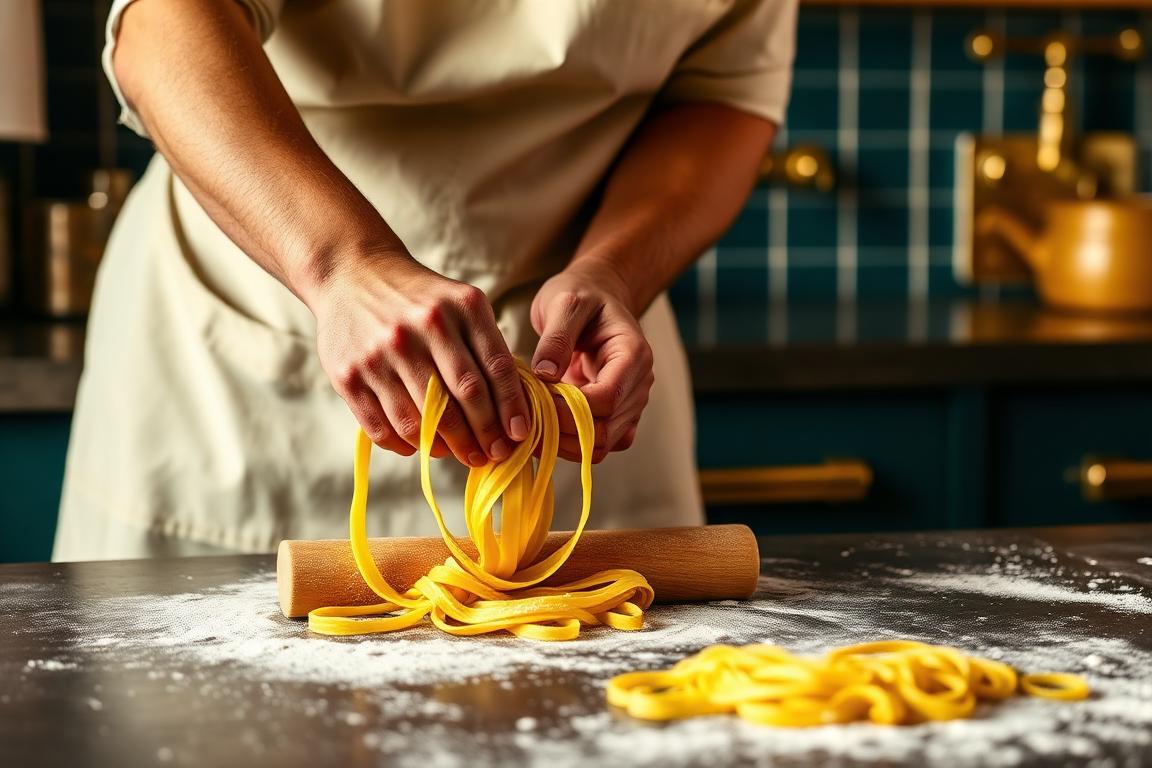 Italian chef hand-rolling fresh tagliatelle on a flour-dusted table